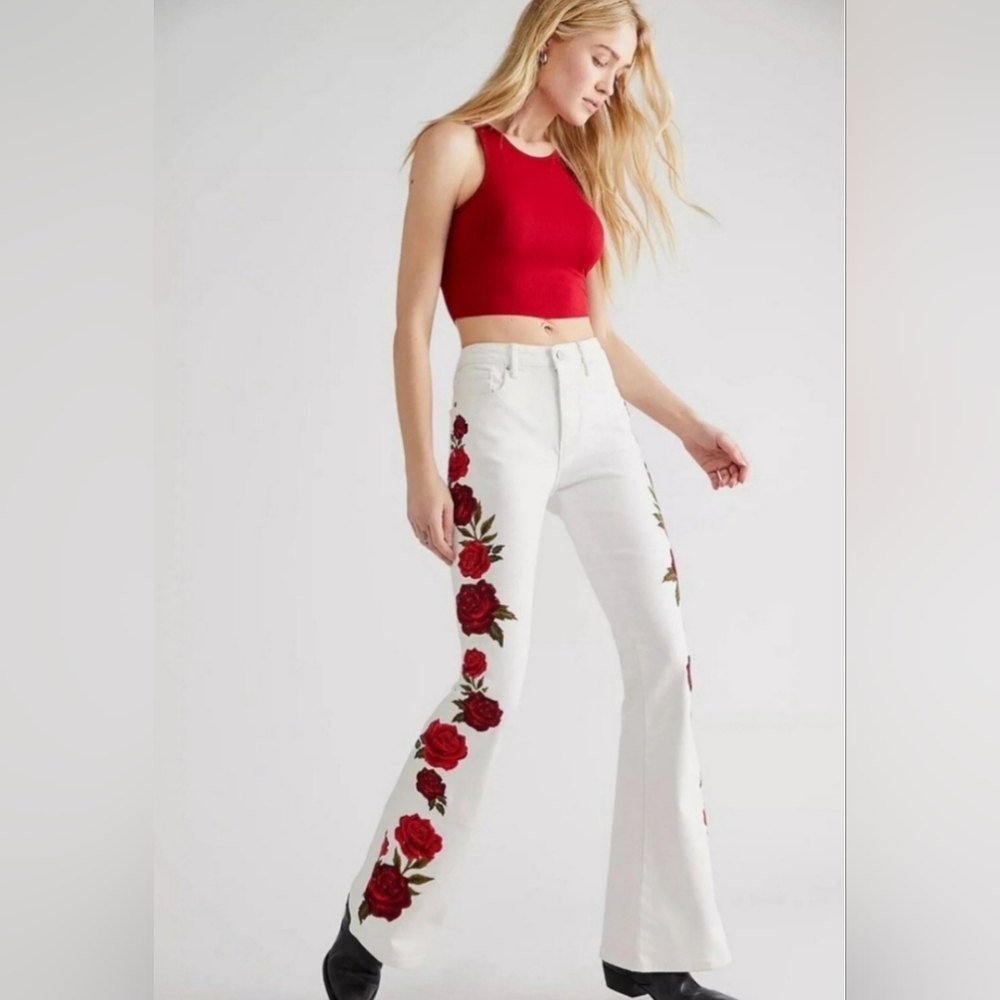 Free People × Driftwood Farrah Embroidered Flare Jeans Size 26